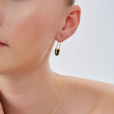 Spero London Black Pave Safety Pin Earring Jewelled Sterling Silver In Gold