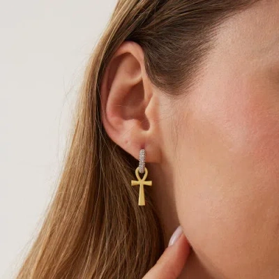 Spero London Sterling Silver Egyptian Ankh Zirconia Hoop Earring In Gold