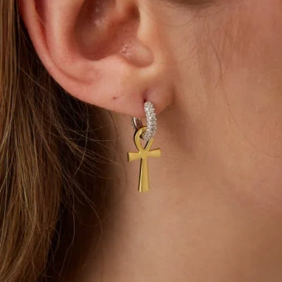 Spero London Sterling Silver Egyptian Ankh Zirconia Hoop Earring In Gold