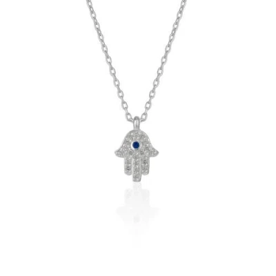 Spero London Hamsa Hand Necklace Sterling Silver With Blue Stone In Silver