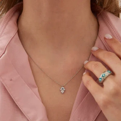 Spero London Hamsa Hand Necklace Sterling Silver With Blue Stone In Silver