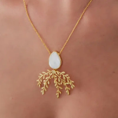 Spero London Mother Of Pearl Olive Branch Sterling Silver Necklace In Gold