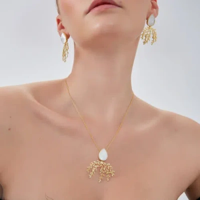 Spero London Mother Of Pearl Olive Branch Sterling Silver Necklace In Gold