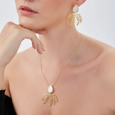 Spero London Mother Of Pearl Olive Branch Sterling Silver Necklace In Gold