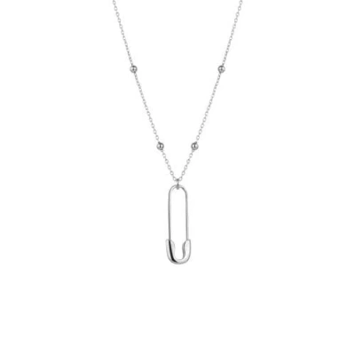 Spero London Sterling Silver Safety Pin Necklace With Beaded Satellite Chain In Silver
