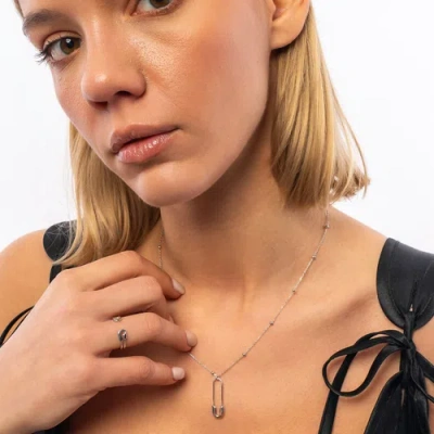 Spero London Sterling Silver Safety Pin Necklace With Beaded Satellite Chain In Silver