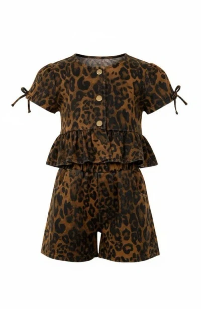 Mia Belle Girls Fierce & Fun Ruffle Top And Short Set In Brown