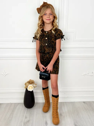 Mia Belle Girls Fierce & Fun Ruffle Top And Short Set In Brown