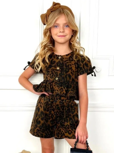 Mia Belle Girls Fierce & Fun Ruffle Top And Short Set In Brown