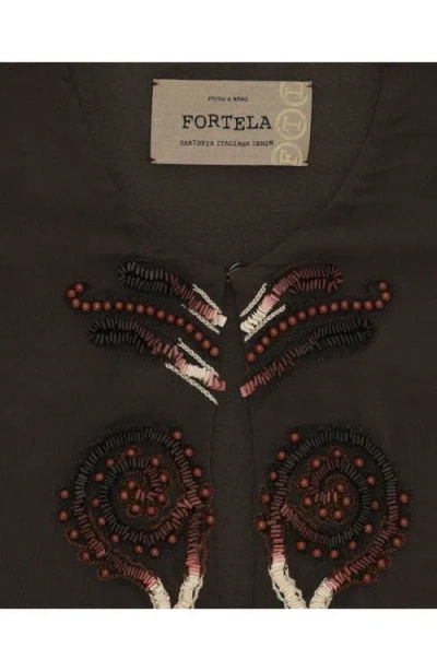 Fortela Allegras Embroidered Silk Crepe Blouse In Brown