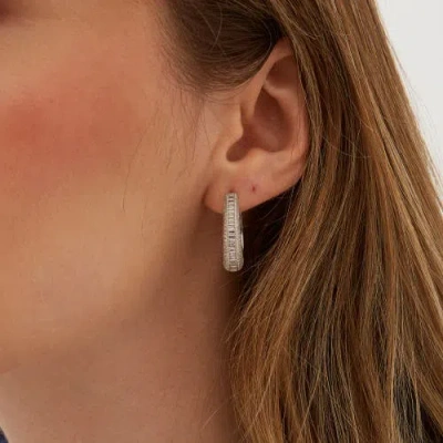 Spero London Elliptical Oval Chunky Hoop Sterling Silver Zirconia Earring In Metallic