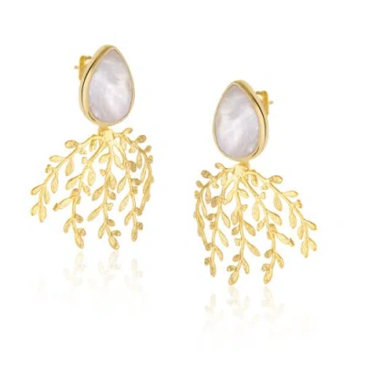 Spero London Mother Of Pearl Olive Branch Sterling Silver Earring In Gold