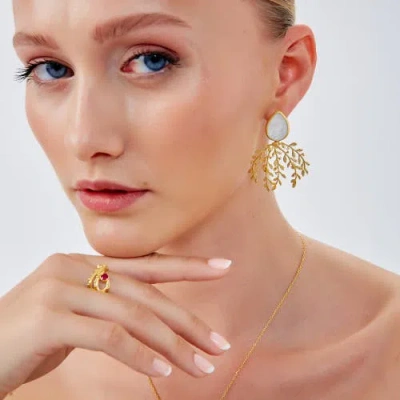 Spero London Mother Of Pearl Olive Branch Sterling Silver Earring In Gold