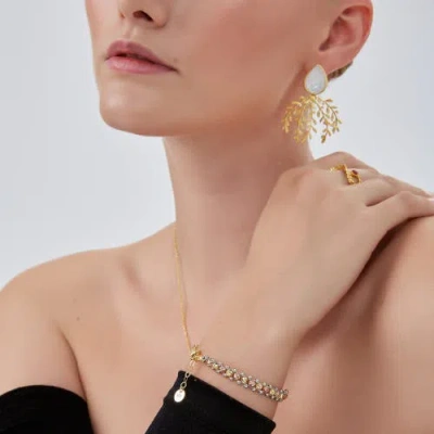 Spero London Mother Of Pearl Olive Branch Sterling Silver Earring In Gold