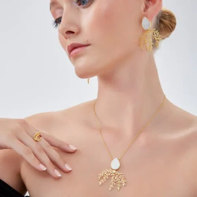 Spero London Mother Of Pearl Olive Branch Sterling Silver Earring In Gold