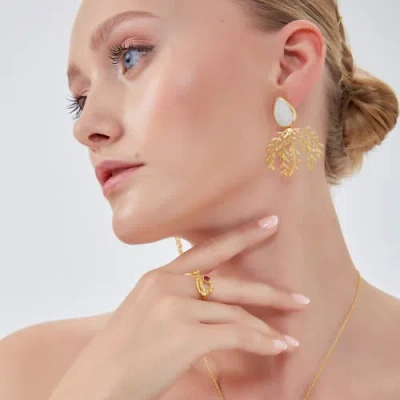 Spero London Mother Of Pearl Olive Branch Sterling Silver Earring In Gold