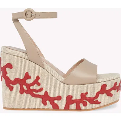 Gianvito Rossi 60mm Coral Leather And Canvas Wedge Sandals In Neutral