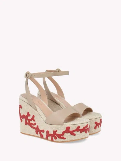 Gianvito Rossi 60mm Coral Leather And Canvas Wedge Sandals In Neutral
