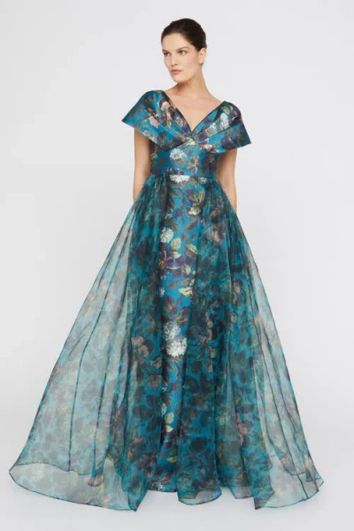 Theia Azaria Draped V Neck Gown In Blue