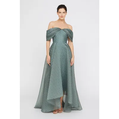 Theia Elysia Off-shoulder Floral Jacquard Gown In Gray