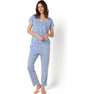 The Cat's Pajamas Pima Knit Short Sleeved Simple Set Floral In Blue