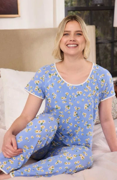 The Cat's Pajamas Pima Knit Short Sleeved Simple Set Floral In Blue