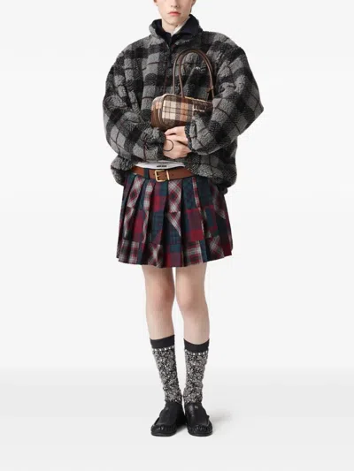 Miu Miu Pleated Plaid Patchwork Mini Skirt In Black