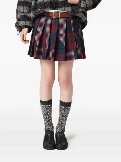 Miu Miu Pleated Plaid Patchwork Mini Skirt In Black