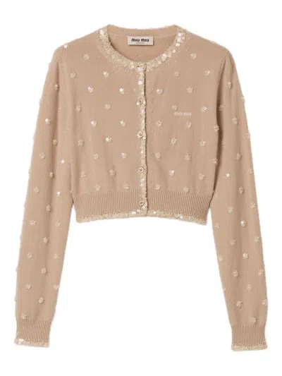 Miu Miu Embroidered-details Crew-neck Cardigan In Neutral