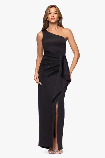 Xscape Evenings "klaudia" Scuba Crepe One Shoulder Floor Length Dress In Black
