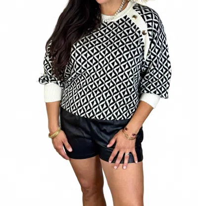 Vine & Love Button Detail Geo Pattern Sweater In Black In Black