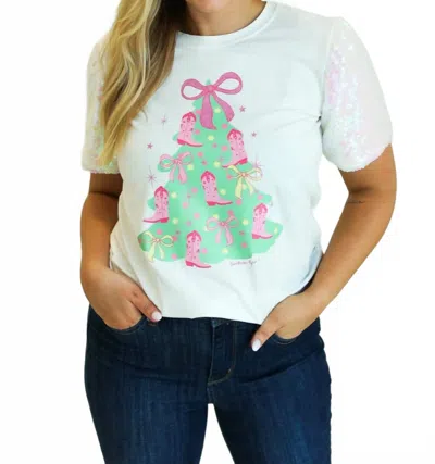 Grace + Emma Christmas Tree Cowboy Boot Tee In White In White