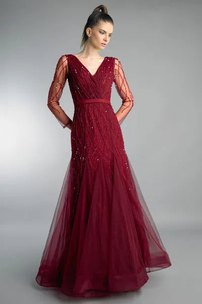 Basix Black Label V Neck Long Sleeve Godet A Line Gown In Burgundy
