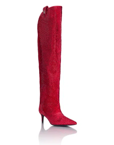 Philipp Plein Low-heel Overknee Boots Mixed Strass 6 In Red