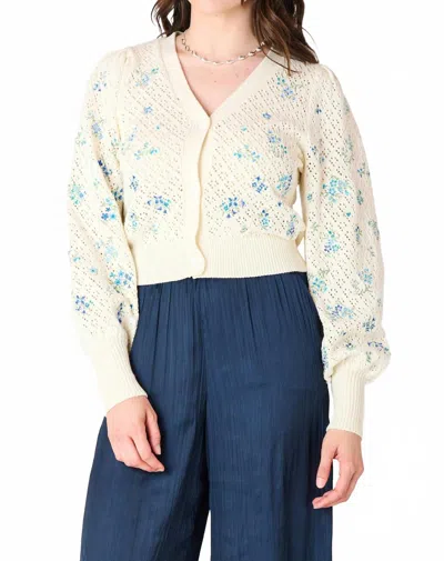 Dex Floral Pointelle Embroidered Cardigan In Blue In White