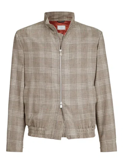 Brunello Cucinelli Tartan Stand Collar Jacket In Brown