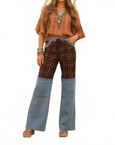 Little Secret Of Mine Boho Elastic Waist Pocket Plaid Contrast Wide-leg Pants In Denim Multi In Blue