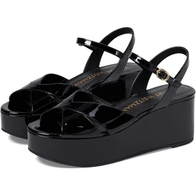 Stuart Weitzman Carmen Midi Sandals Women Black Ankle Strap Wedge Gal1856 In Black