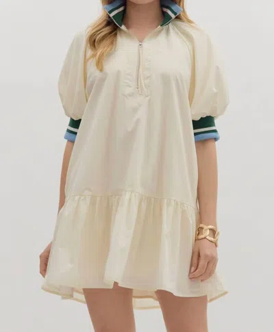 Entro Varsity Puff Sleeve Mini Dress In Cream In Neutral
