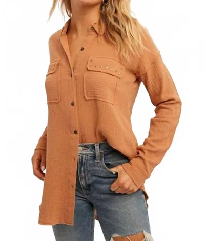 Hem & Thread Brad Effect Button Up Blouse In Pumpkin In Brown