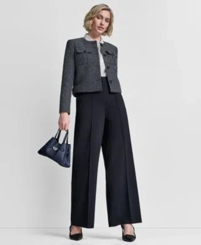 Dkny Womens Collarless Cropped 4 Button Jacket Pleated Button Up Blouse Pintuck Wide Leg Pants In Blue