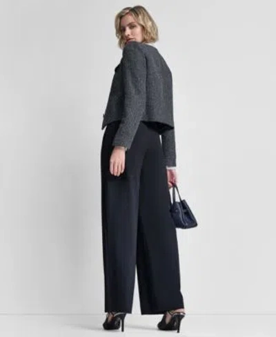 Dkny Womens Collarless Cropped 4 Button Jacket Pleated Button Up Blouse Pintuck Wide Leg Pants In Blue