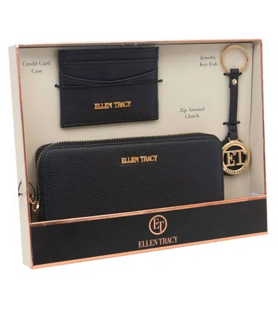 Ellen Tracy Women's 3 Piece Wallet, Id Card Case, & Key Fob Boxed Gift Set In Black In Black