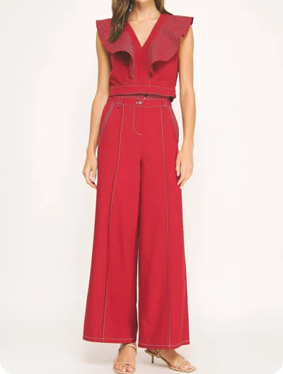 Strut & Bolt Top Stitch Detail Wide Leg Trousers In Deep Red In Red