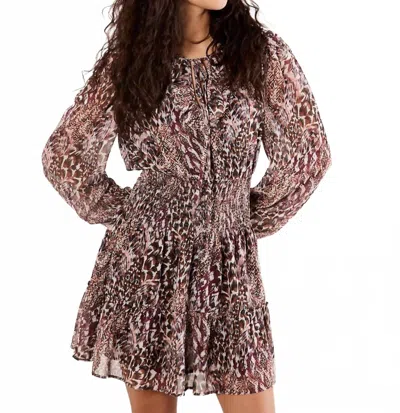 Apricot Feather Patchwork Ruffle Dress In Burgundy In Pink