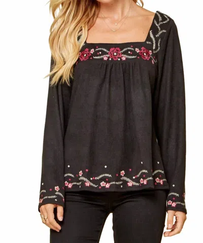 Andree By Unit Floral Embroidered Babydoll Top In Black In Black