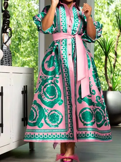 N By Nancy Zuri Midi Dress - Plus In Pink Green In Multi