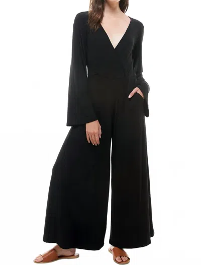 Loving People V-neck Bell Long Sleeve Wide Leg Jumpsuit In Black In Black