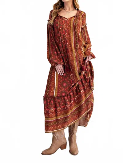 Easel Floral Printed Tiered Maxi Dress In Brown In Brown