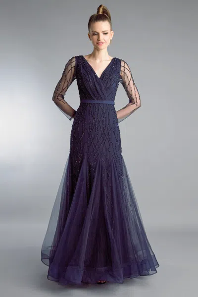 Basix Black Label V Neck Long Sleeve Godet A Line Gown In Blue